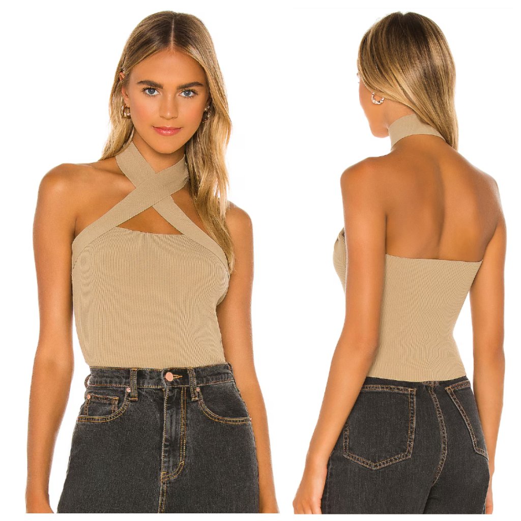 Revolve Nbd Yvette Beige Tan Rib Knit Cross Over Halter Crop Top